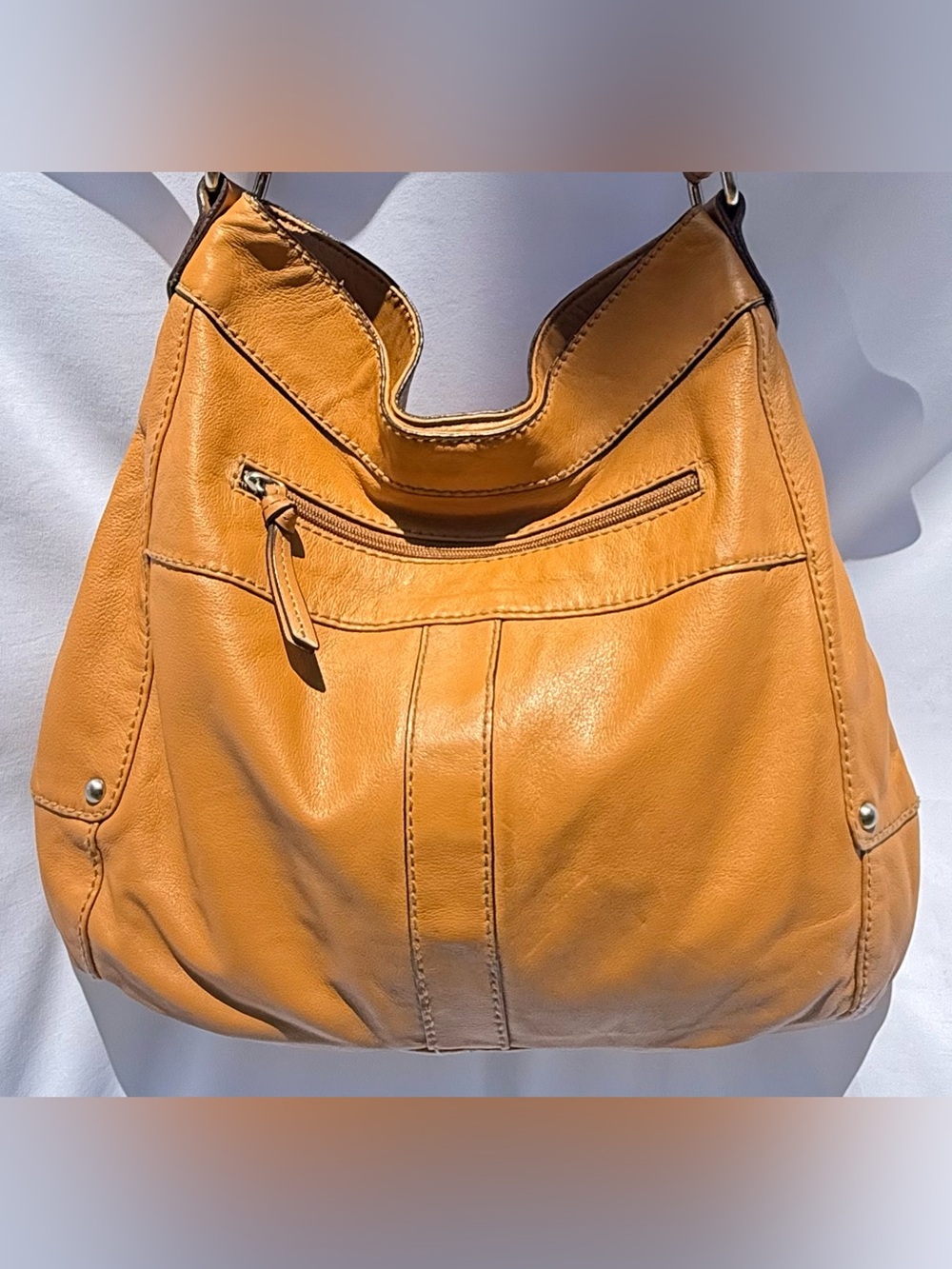 Tignanello Cognac Leather Hobo Shoulder Bag Braided Trim Utility Pocket Purse - Picture 2 of 10